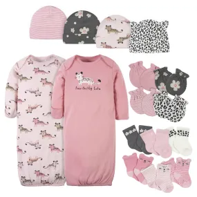 16-Piece Baby Girls Leopard Gown, Mitten, Cap, & Sock Set