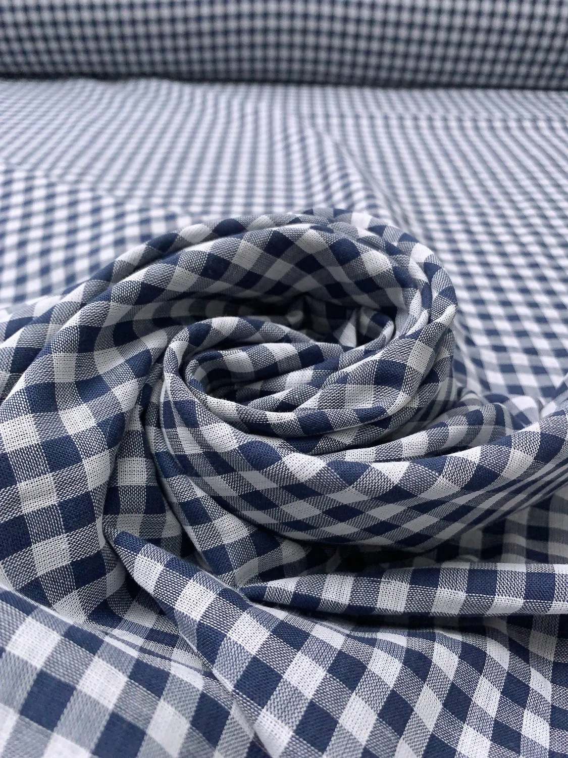 2-Ply Gingham Check and Striped Yarn-Dyed Double Cotton Voile - Navy / White