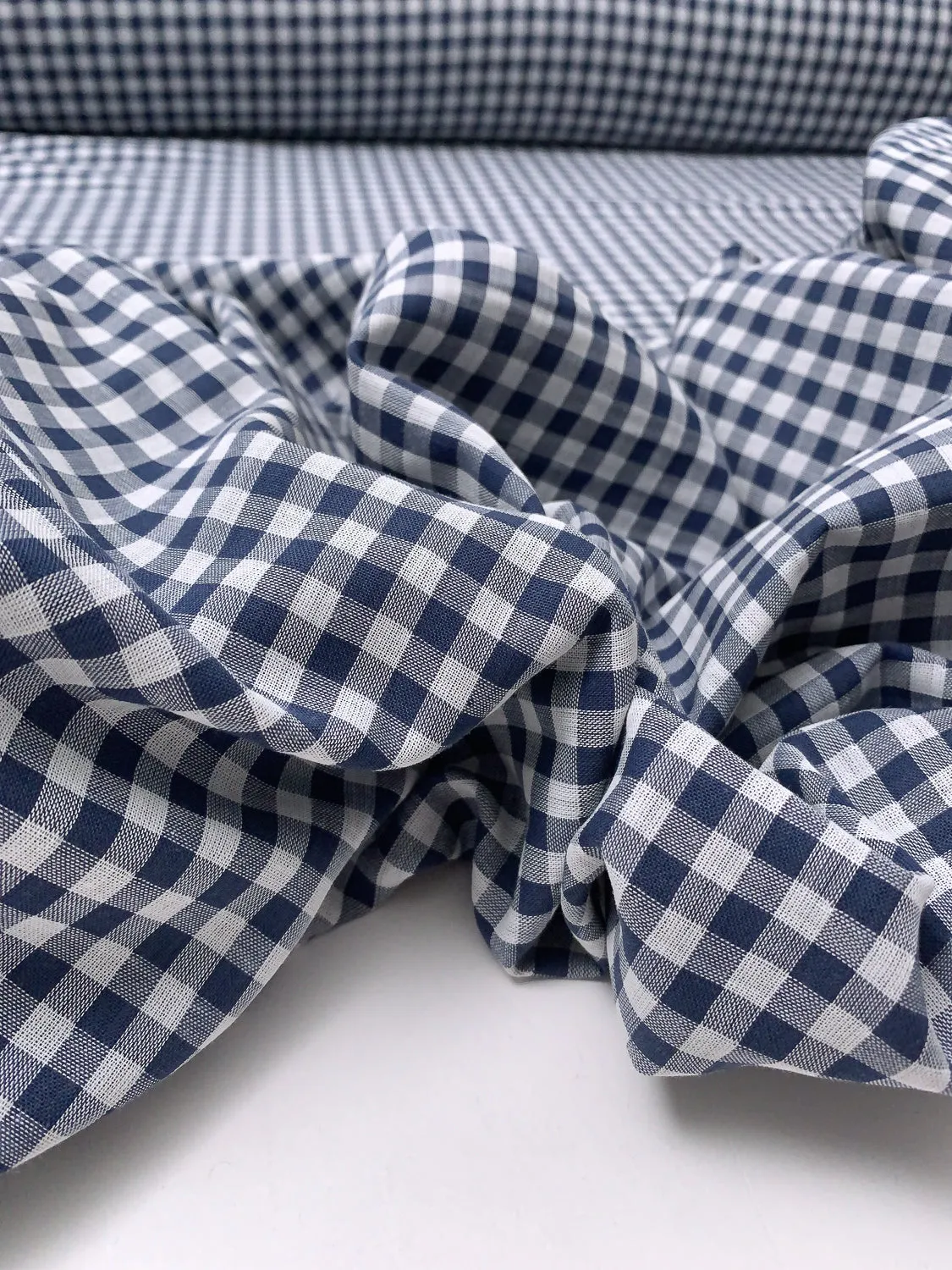 2-Ply Gingham Check and Striped Yarn-Dyed Double Cotton Voile - Navy / White