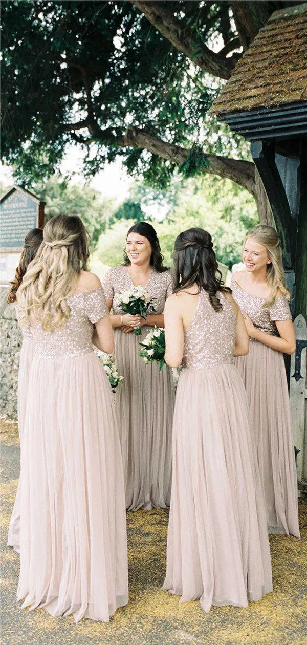 A-line Floor-length Off-shoulder Sequins Top Long Tulle Bridesmaid Dresses, BD0605