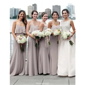 A-line Floor-length Spaghetti Straps Grey Chiffon Bridesmaid Dress with Ruffles, BD0502