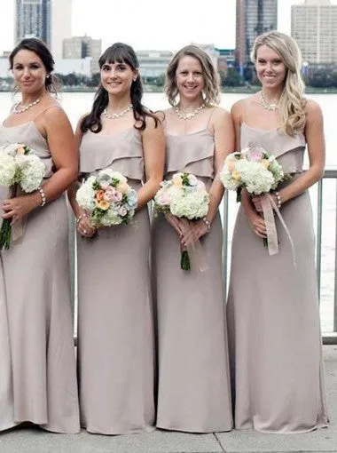 A-line Floor-length Spaghetti Straps Grey Chiffon Bridesmaid Dress with Ruffles, BD0502