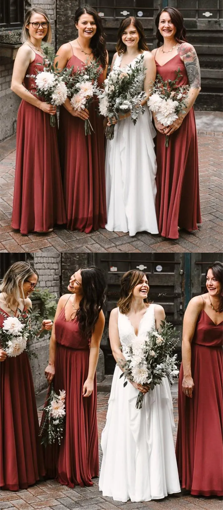 A-line Floor-length V-neck Backless Long Chiffon Bridesmaid Dresses, BD0578