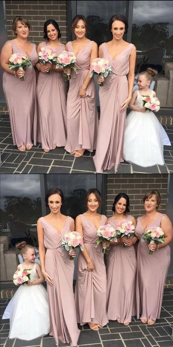 A-line Floor-lengthSimple Modest V-neck Cheap Dusty Pink Bridesmaid Dress, BD0478