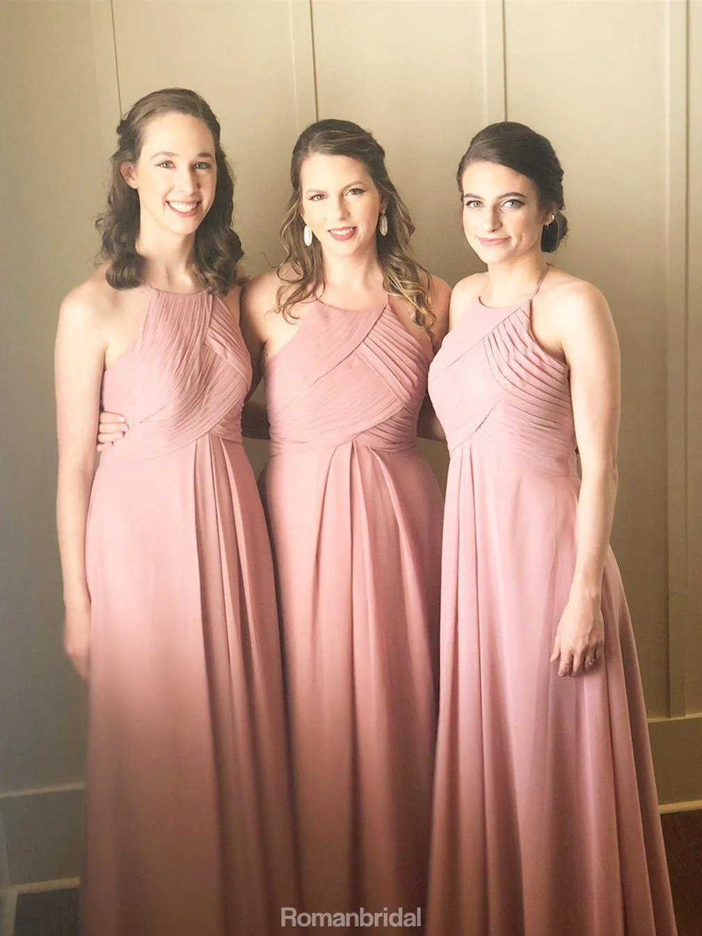 A-line Halter Chiffon Long Bridesmaid dresses With Pleats, BD0523