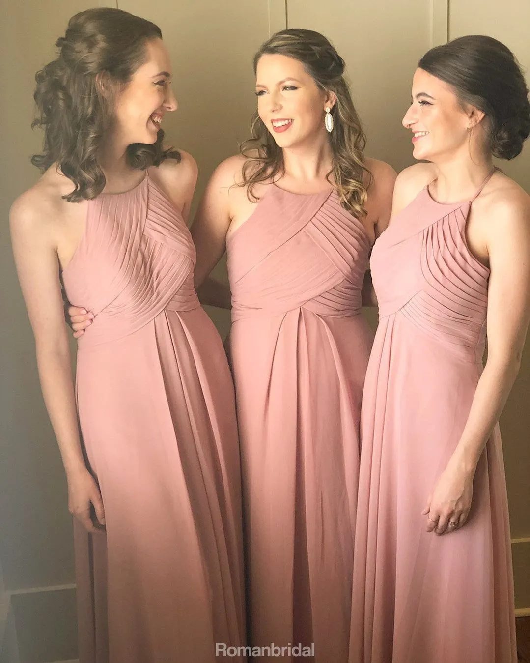 A-line Halter Chiffon Long Bridesmaid dresses With Pleats, BD0523