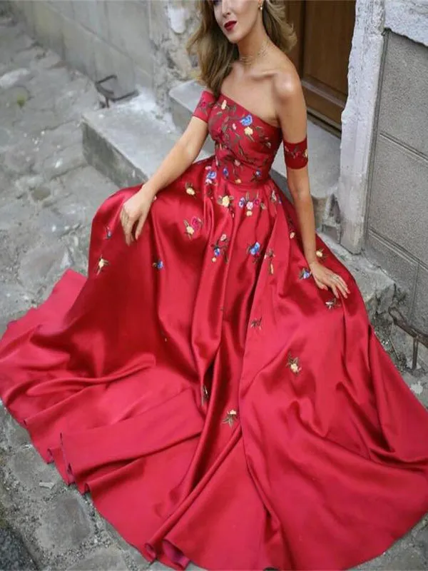 A-line Red Off Shoulder Beautiful Flower Appliques Prom Dresses, Fashion Dress For Woman, TYP1165