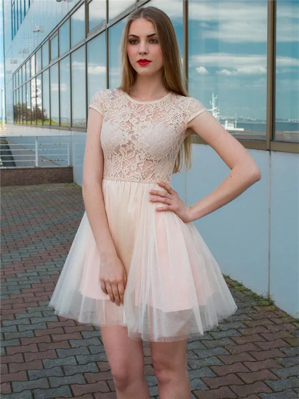 A-line Round Neck Cap Sleeves Lace Tulle Homecoming Dresses, HD0512