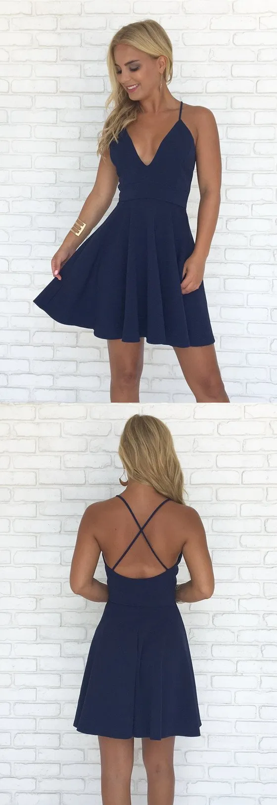 A-line Spaghetti Straps V-neck Backless Short Simple Cheap Homecoming Dresses, HD0424