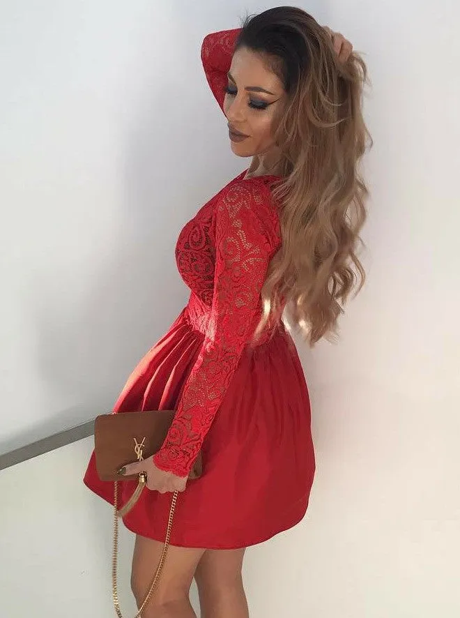 A-line V-neck Long Sleeves Lace Red Short Homecoming Dresses, HD0548