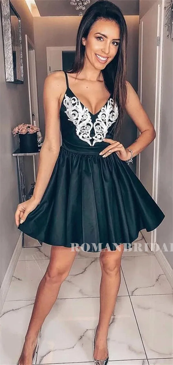 A-line V-neck Spaghetti Straps Appliques Short Homecoming Dresses, HD0567