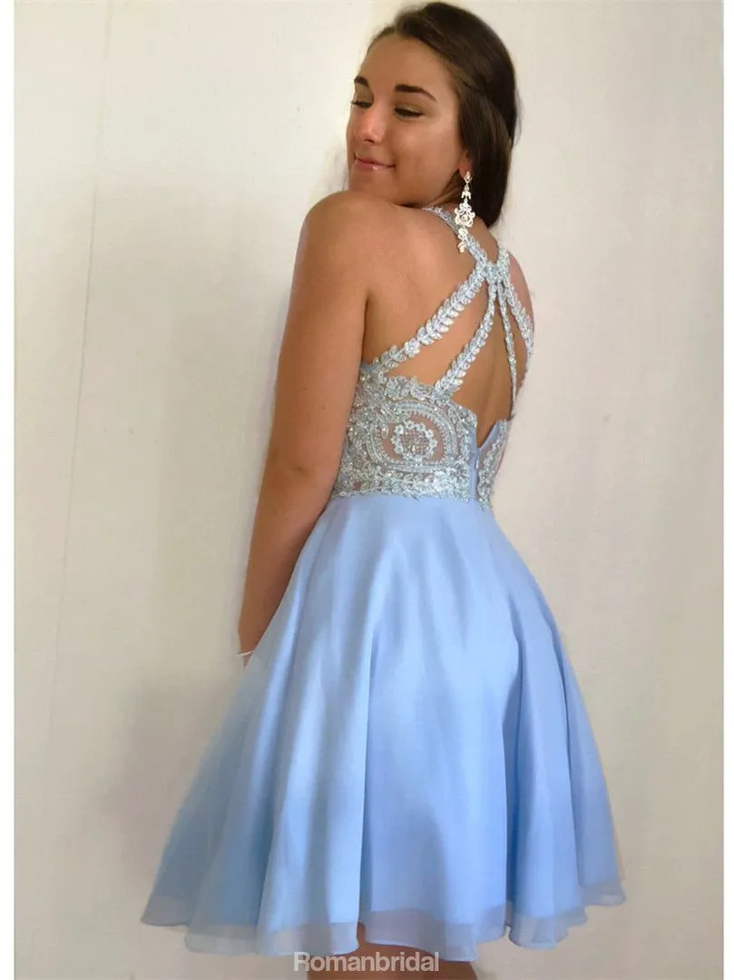 Amazing Halter Sleeveless Appliques Beading Top Tulle Homecoming Dresses, HD0485