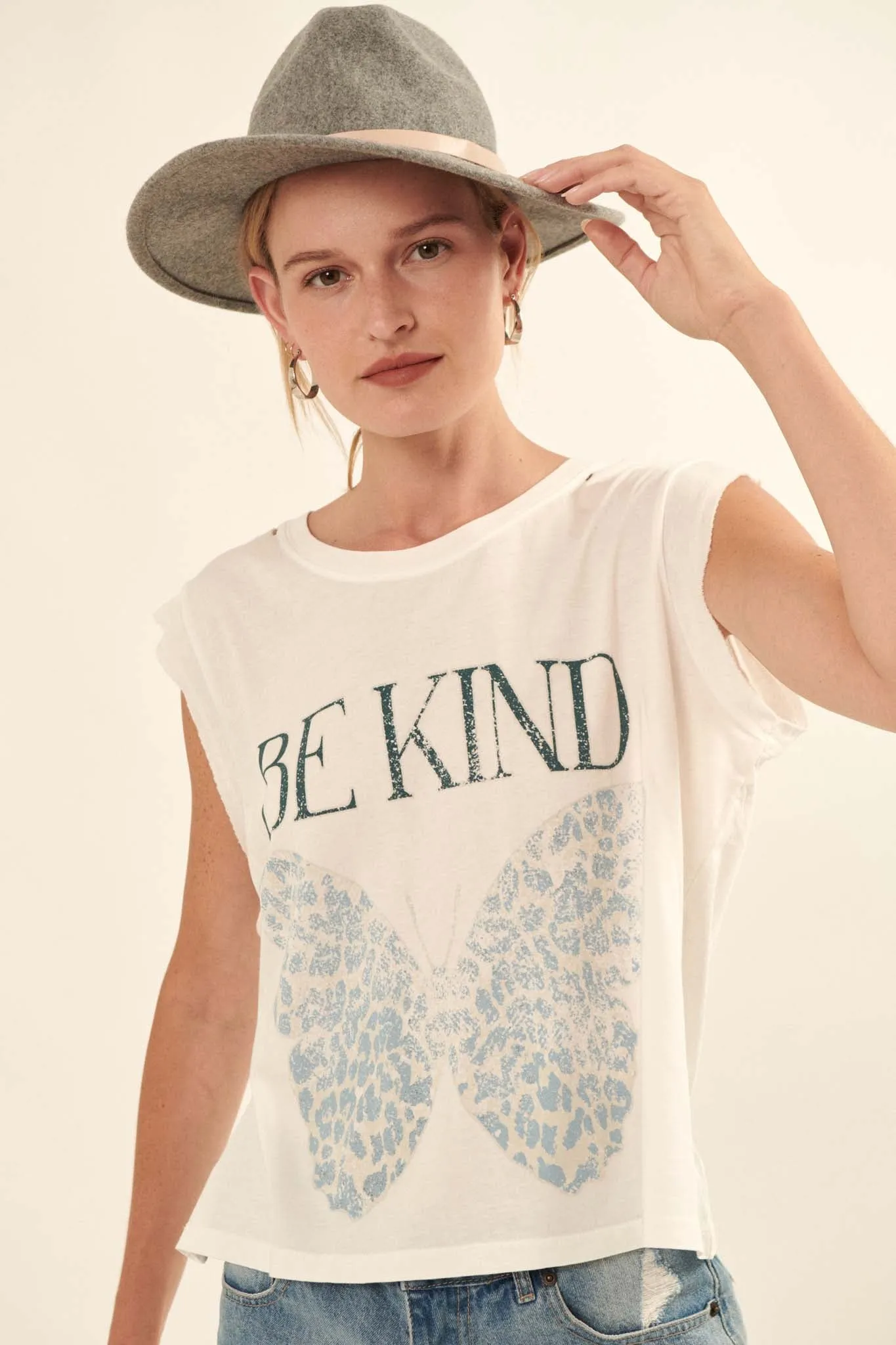 Be Kind Butterfly Sleeveless Distressed Graphic Tee