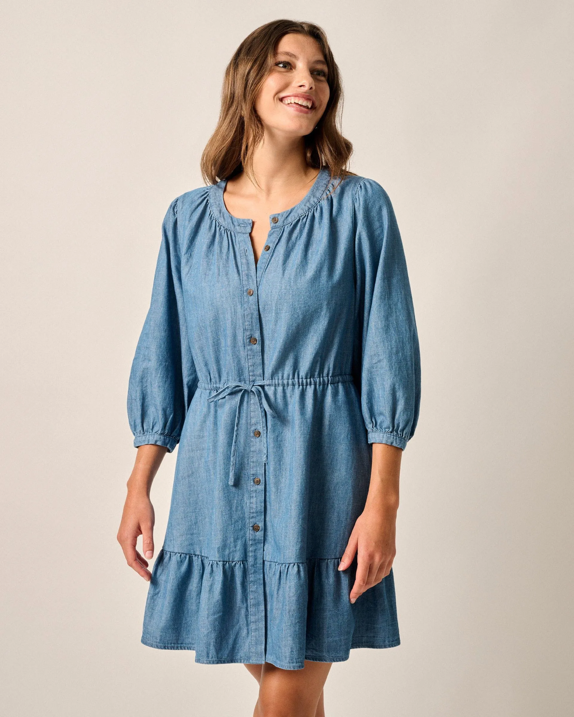 Becca Tiered Chambray Mini Dress