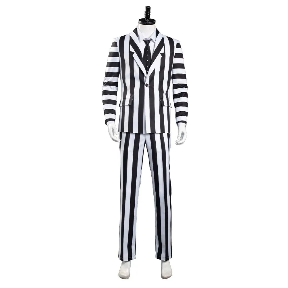 Beetlejuice Adam Men Black and White Striped Suit Jacket Shirt Pants Outfits Halloween Carnival Costume Cosplay Costume