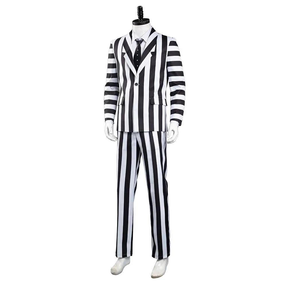 Beetlejuice Adam Men Black and White Striped Suit Jacket Shirt Pants Outfits Halloween Carnival Costume Cosplay Costume