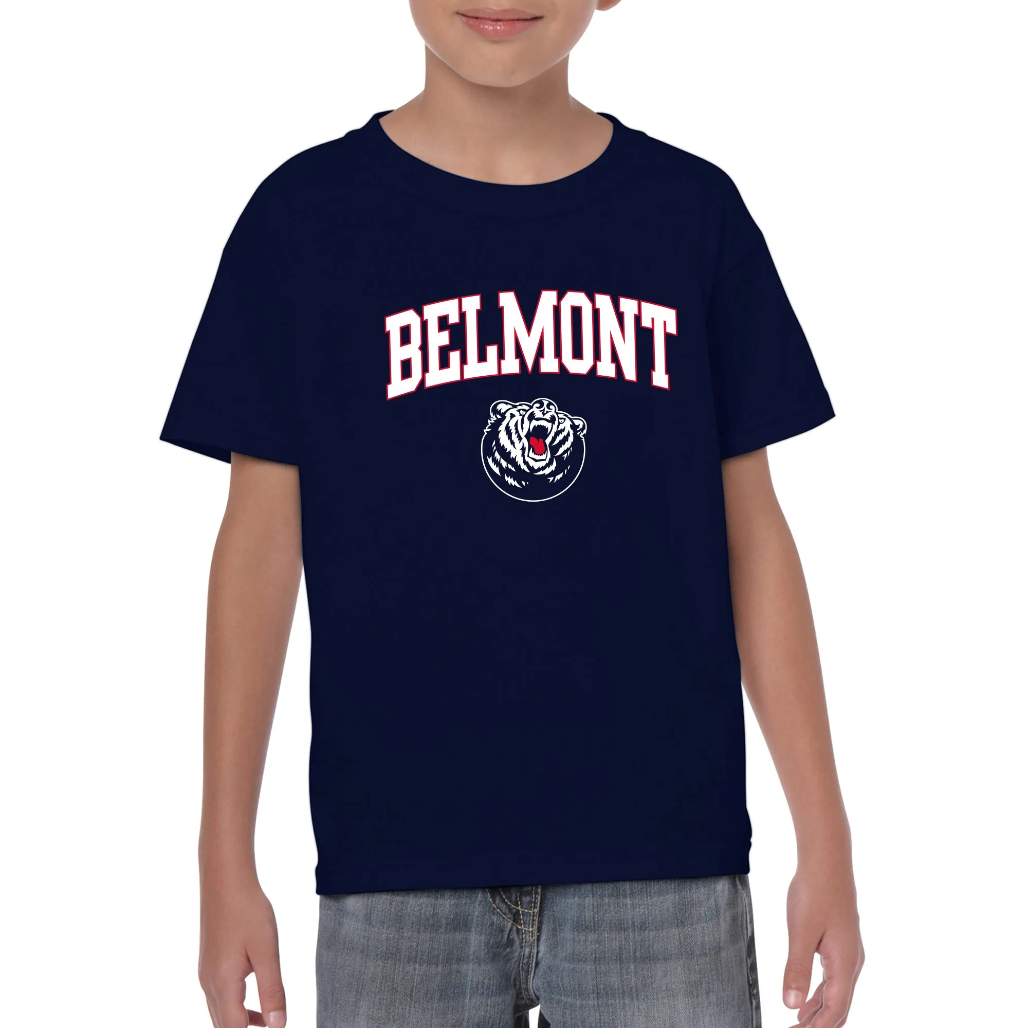 Belmont University Bruins Arch Logo Youth Basic Cotton Short Sleeve T Shirt - Navy