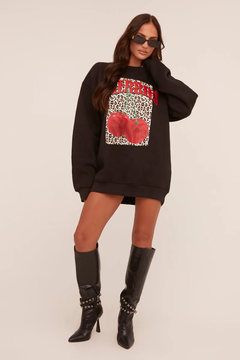 Black Cherry Print Oversized Sweatshirt Mini Dress - Jerry