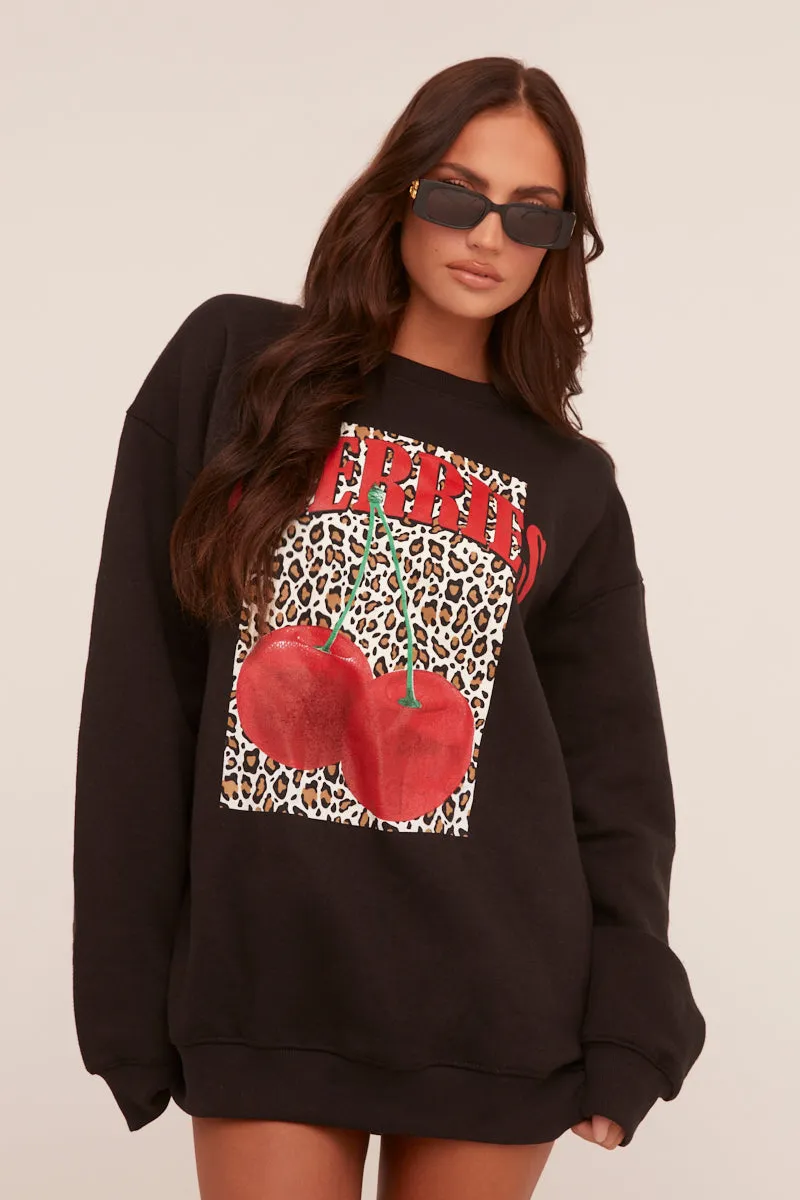 Black Cherry Print Oversized Sweatshirt Mini Dress - Jerry