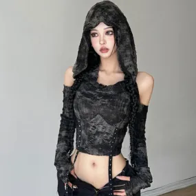 Black Grunge Goth Hooded Distressed Crop Top