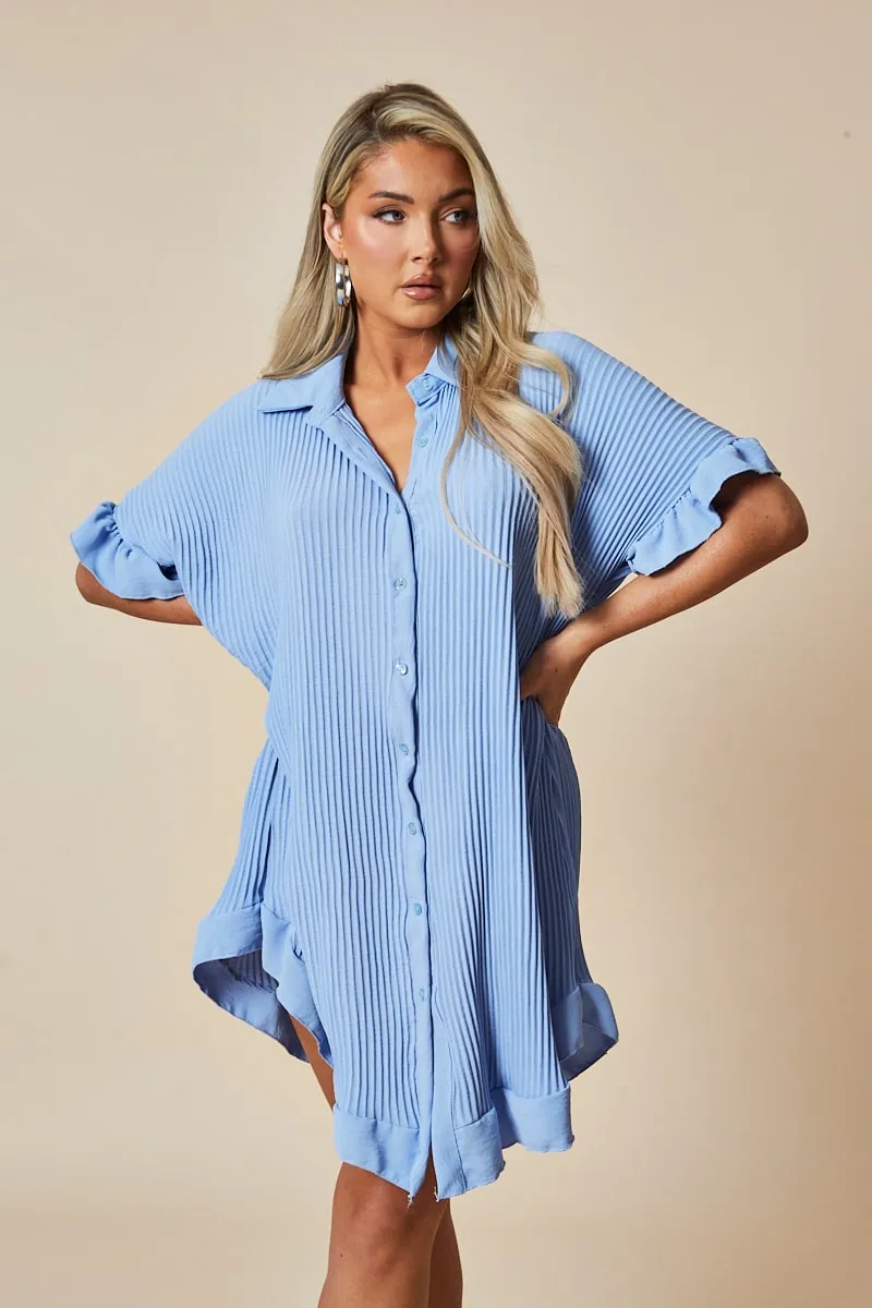 Blue Plisse Detail Frill Hem Oversized Dress - Sakura