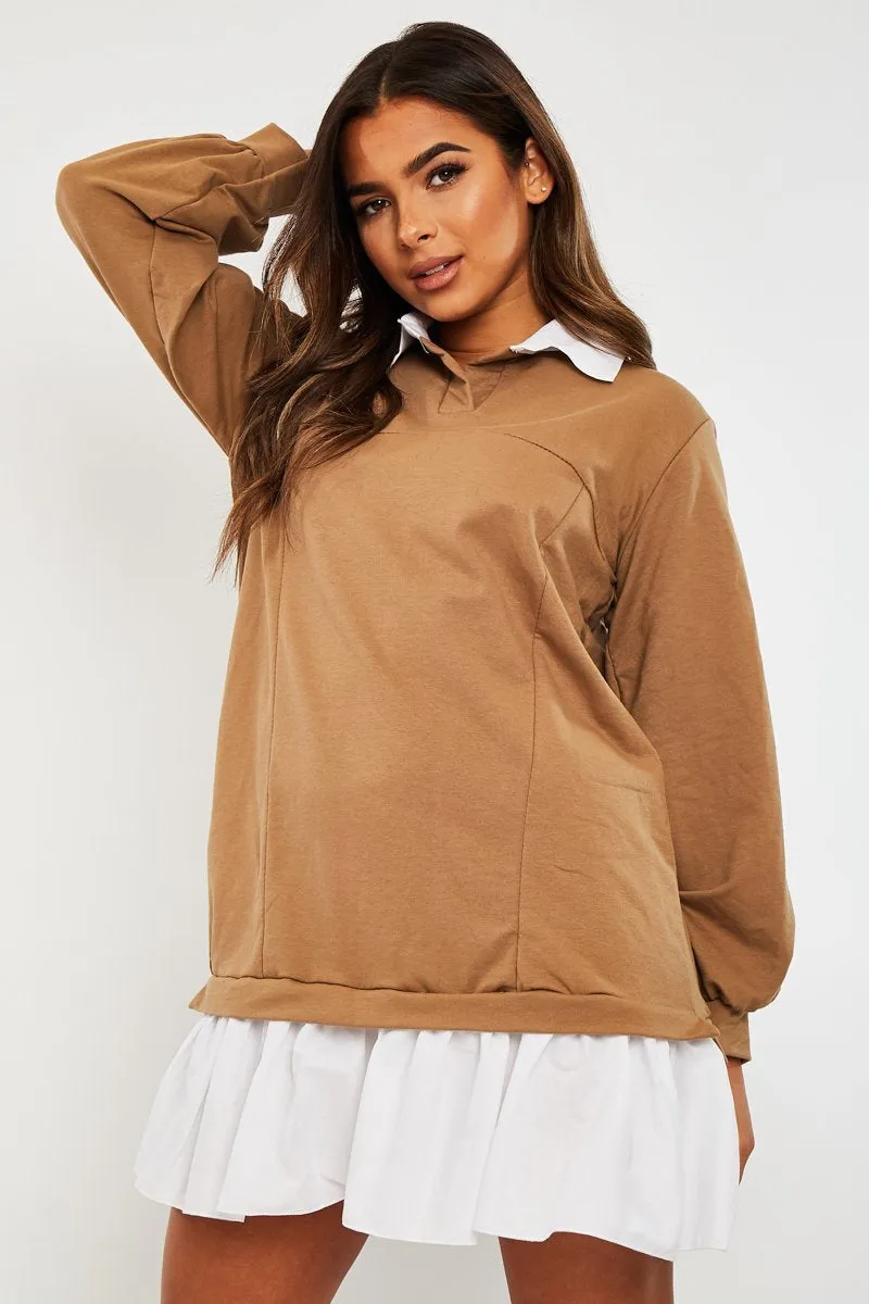 Camel Oversized Jumper Shirt Dress - Islah