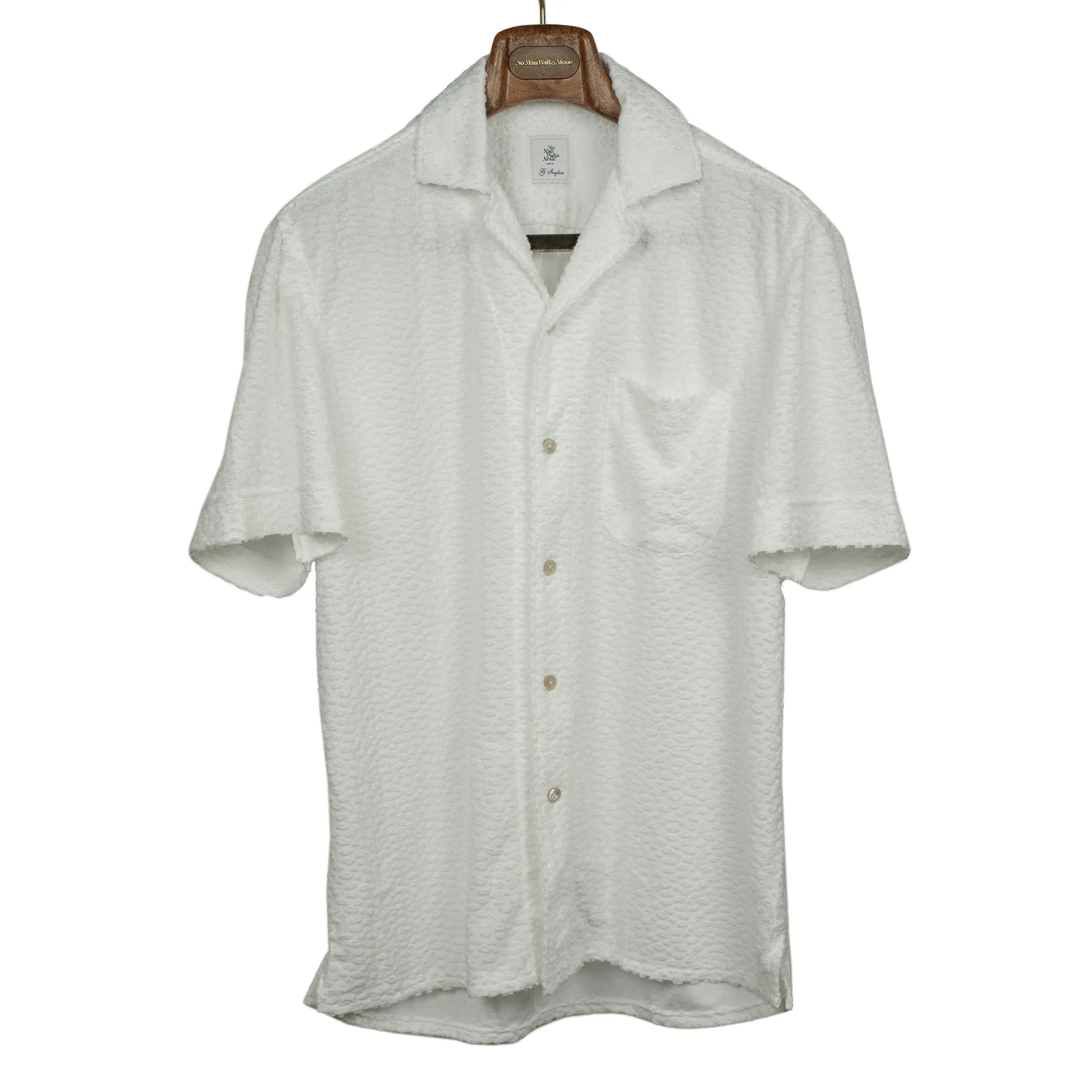 Camp collar short sleeve shirt, white modal mix fabric with tonal flocked spots