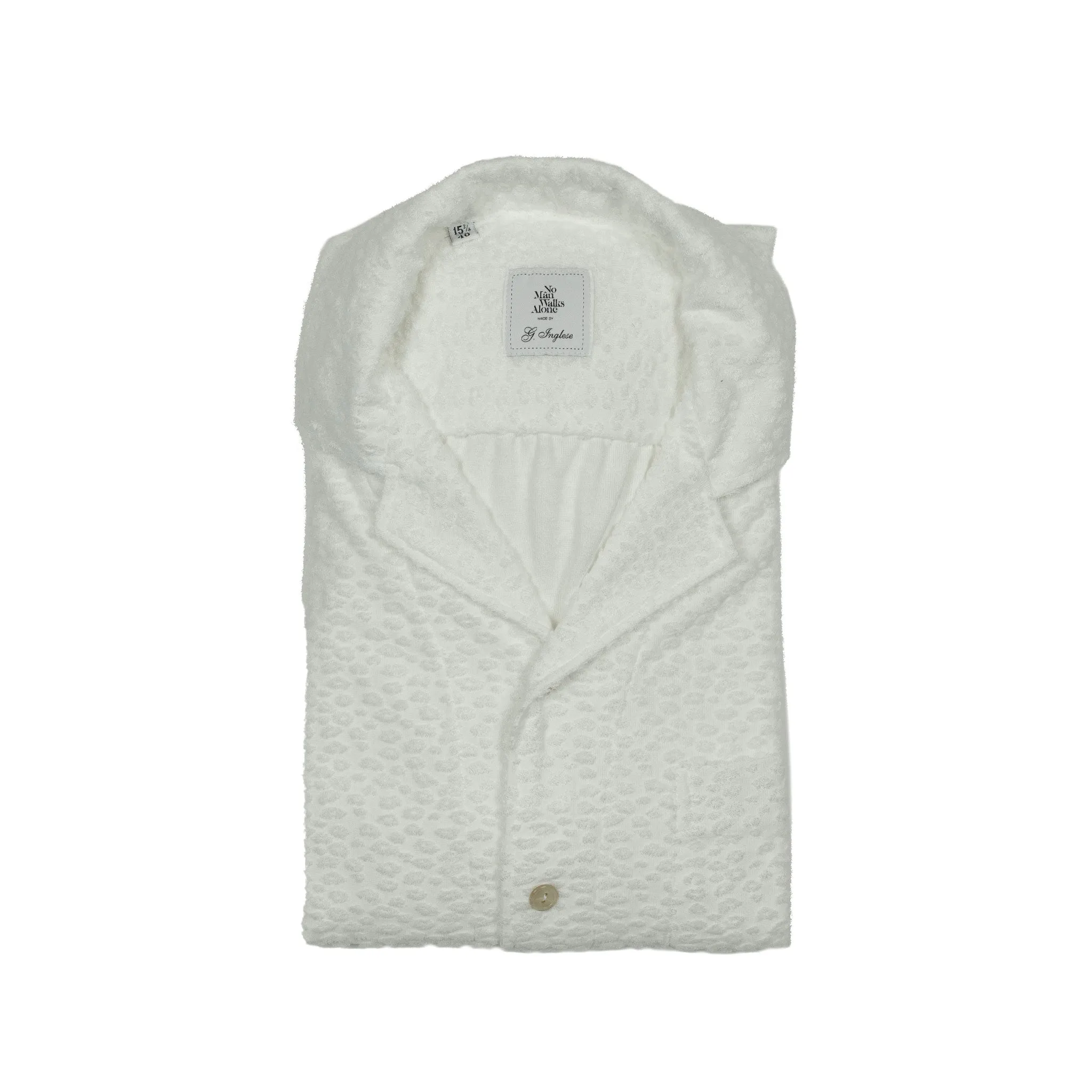 Camp collar short sleeve shirt, white modal mix fabric with tonal flocked spots