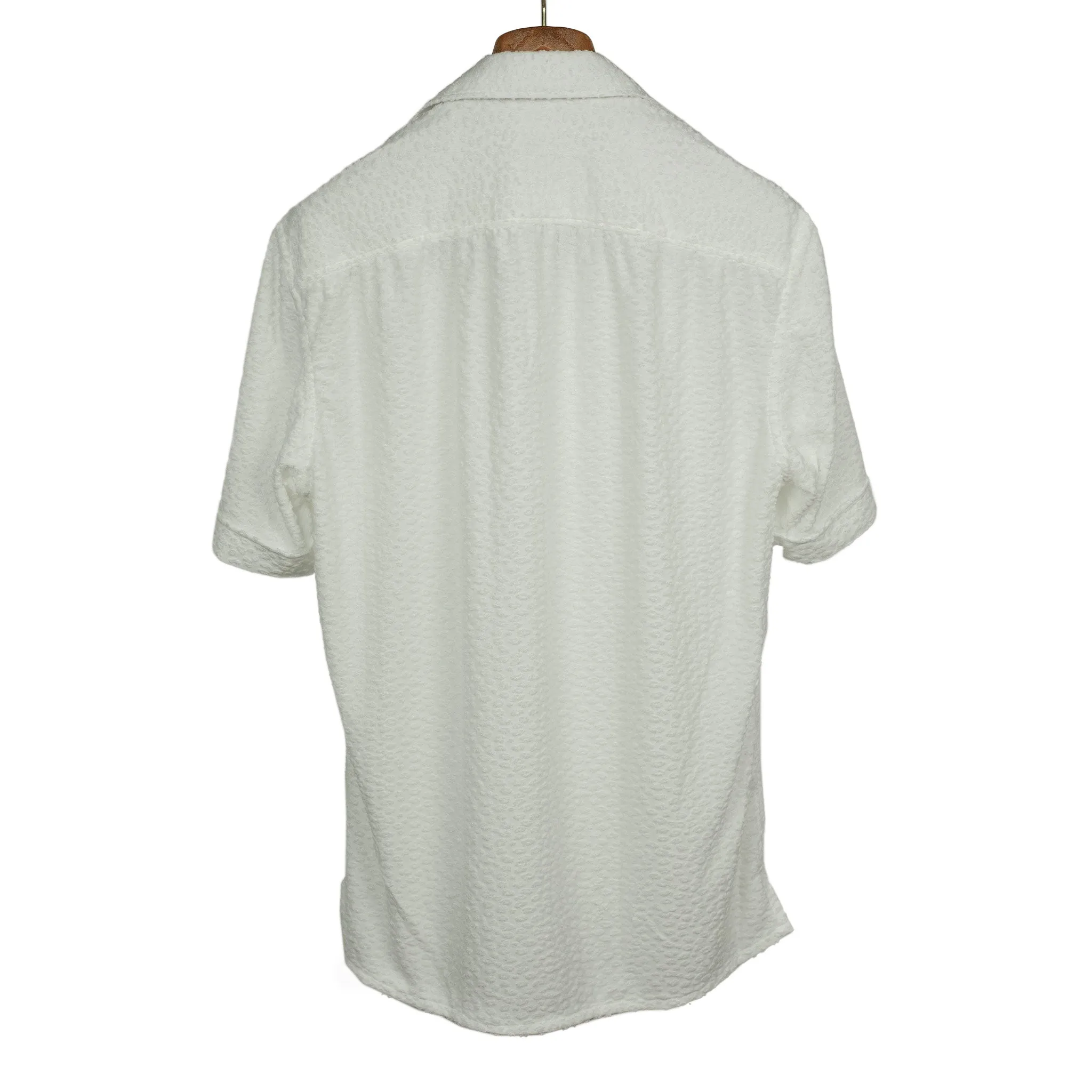 Camp collar short sleeve shirt, white modal mix fabric with tonal flocked spots