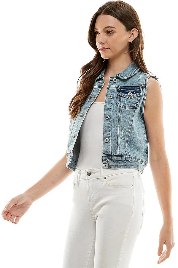 Cotton Stretch Distressed  Denim Vest