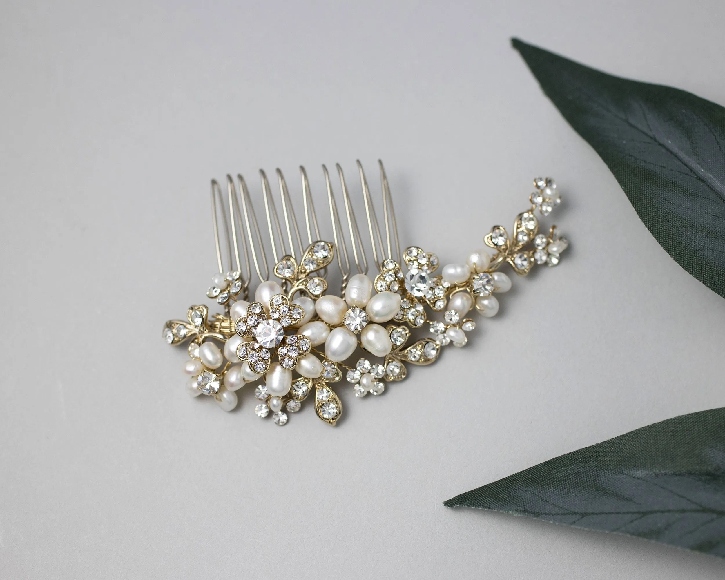 Cultured Pearl Flower Gold Wedding Hair Comb