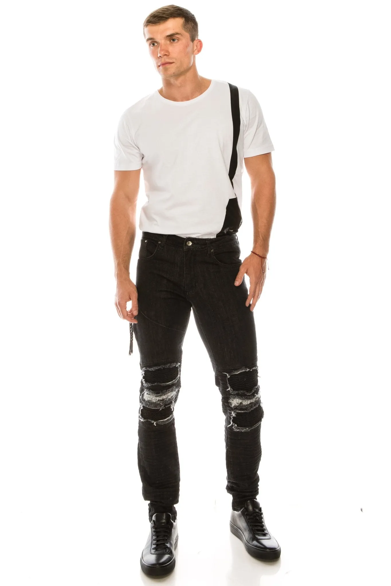 Distressed Moto Tapered Denim - Black White