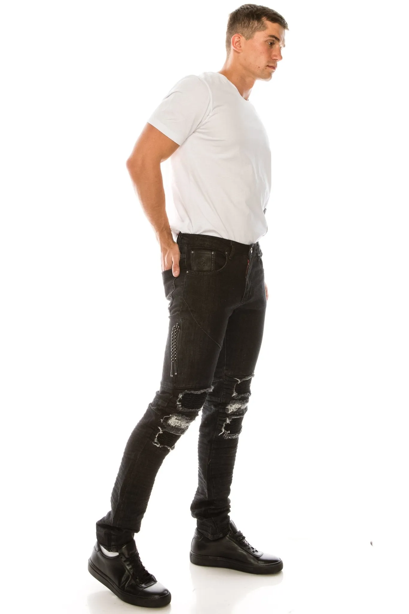 Distressed Moto Tapered Denim - Black White