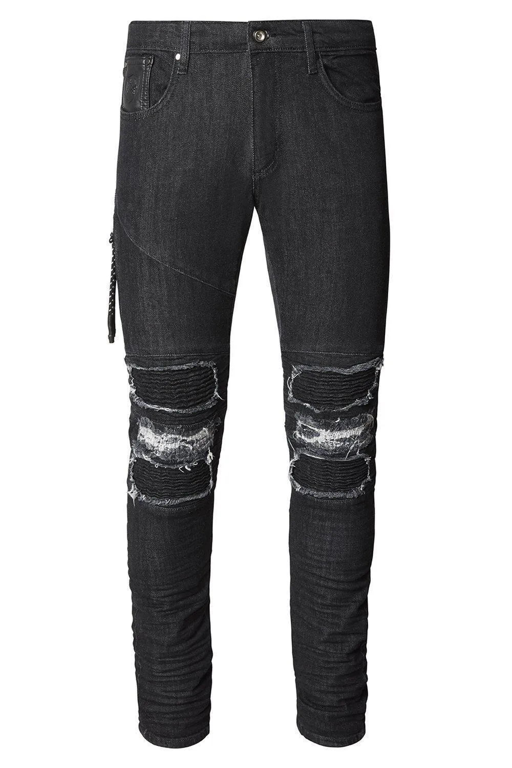 Distressed Moto Tapered Denim - Black White