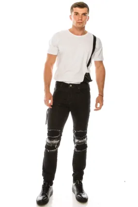 Distressed Moto Tapered Denim - Black White