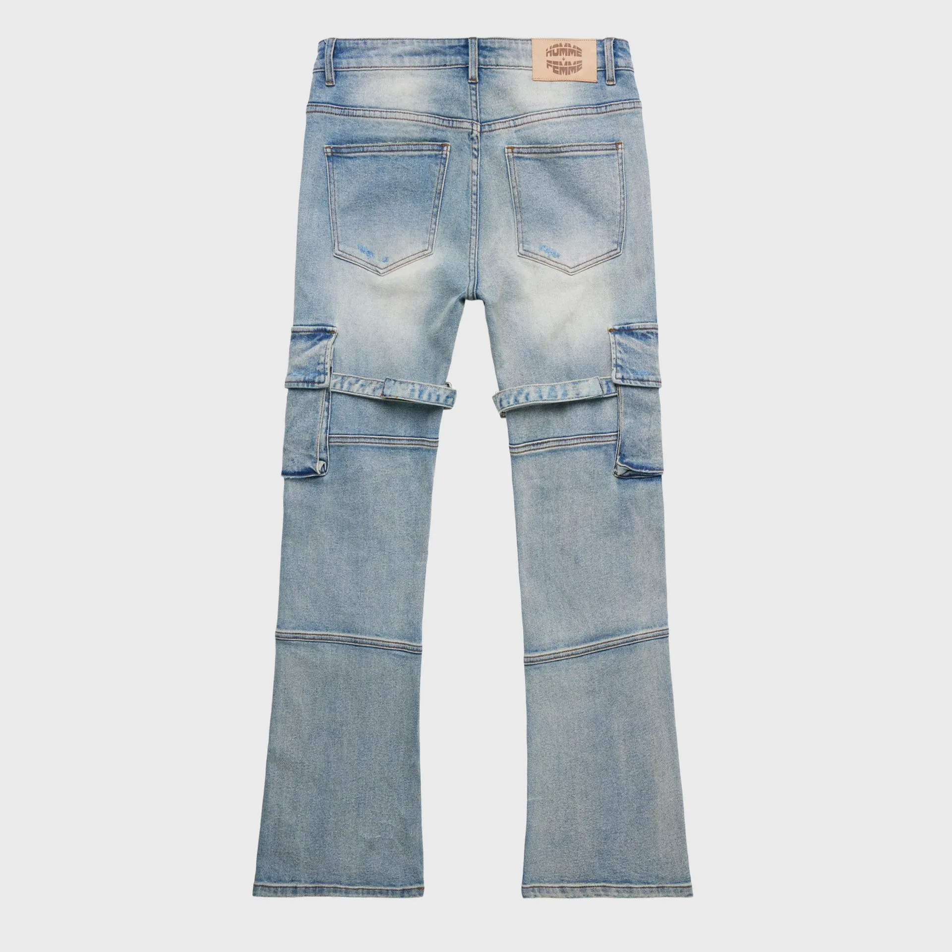 Distressed Strap Cargo Flare Denim Light Wash