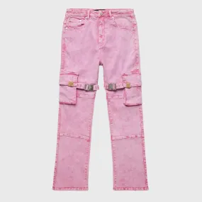 Distressed Strap Cargo Flare Denim Pink