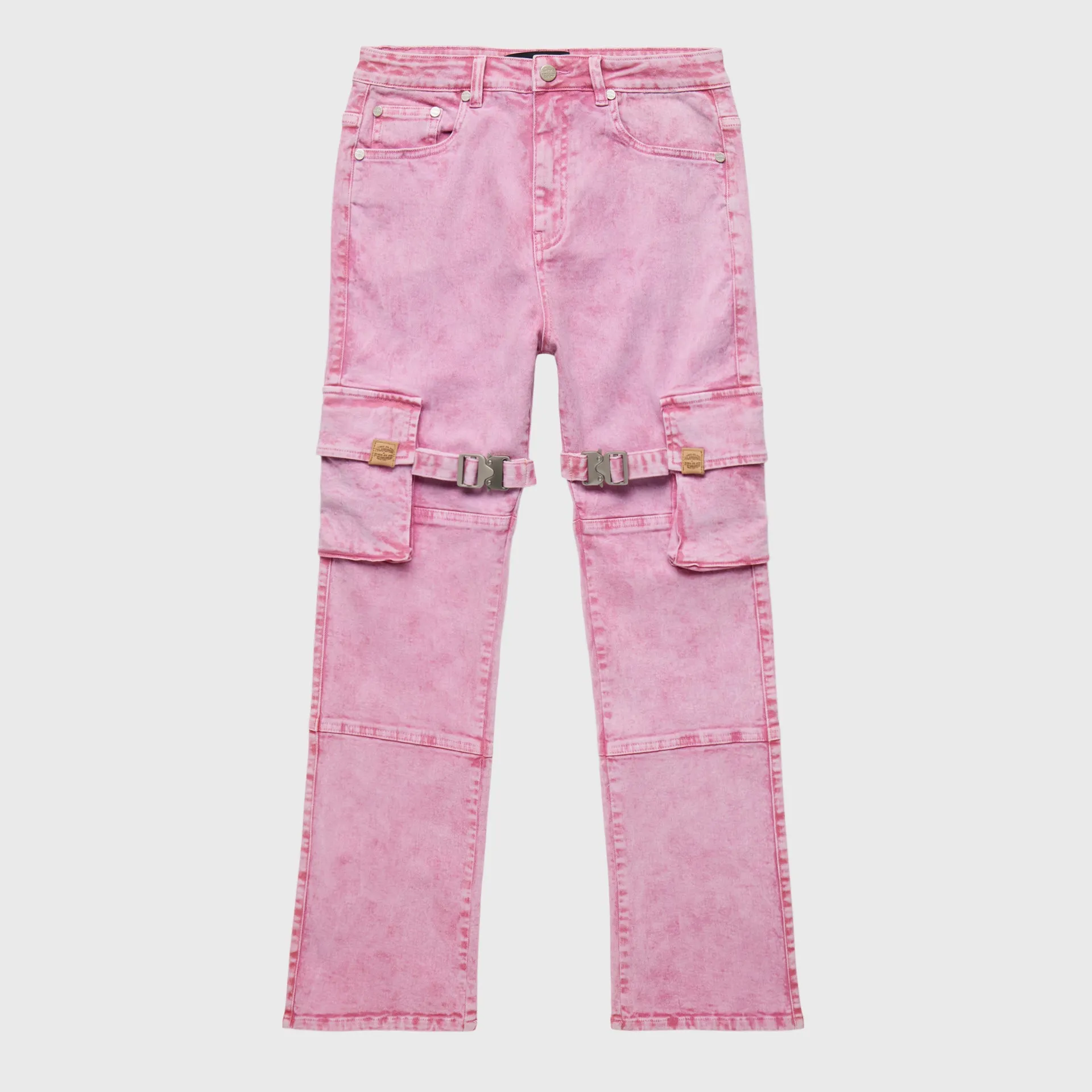 Distressed Strap Cargo Flare Denim Pink