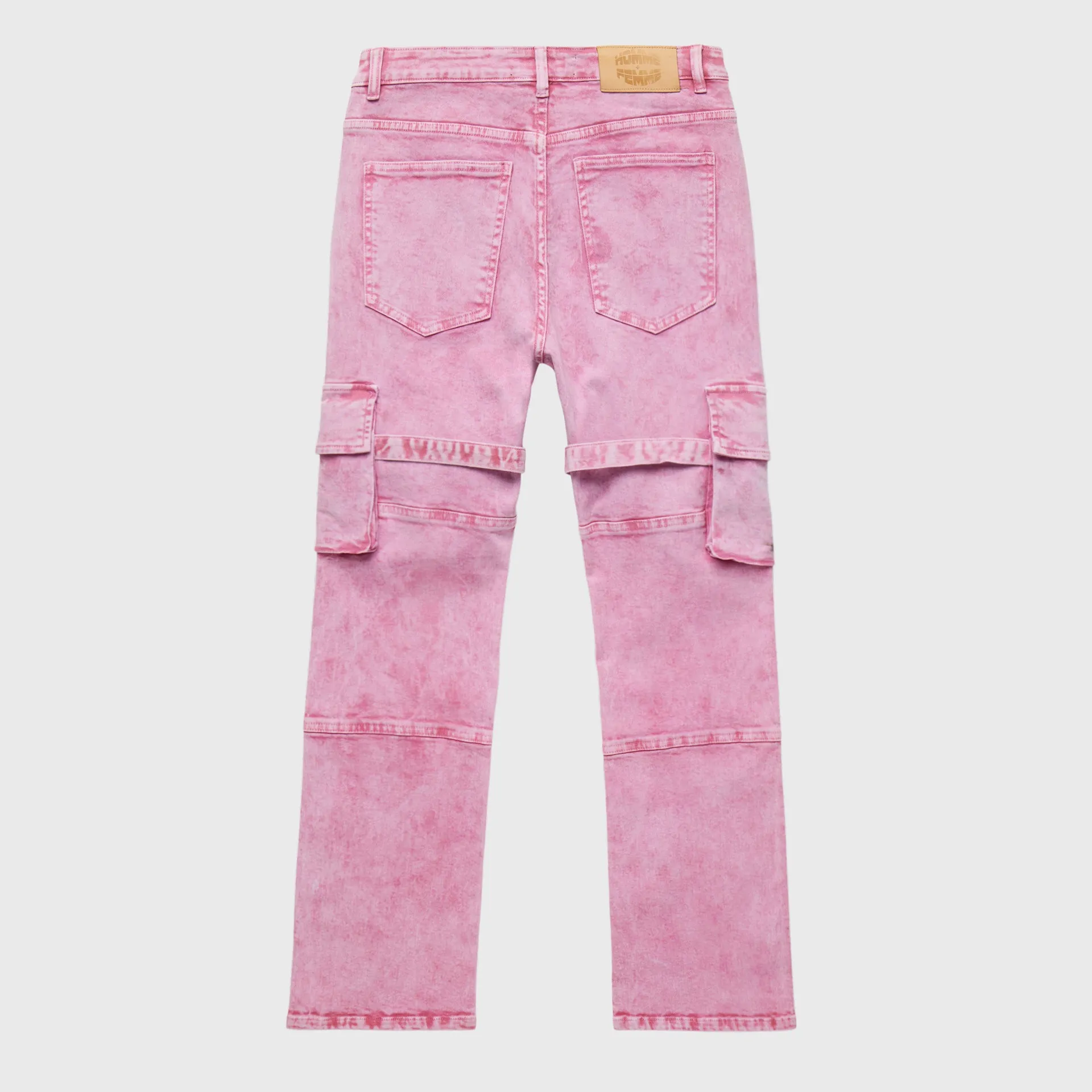 Distressed Strap Cargo Flare Denim Pink