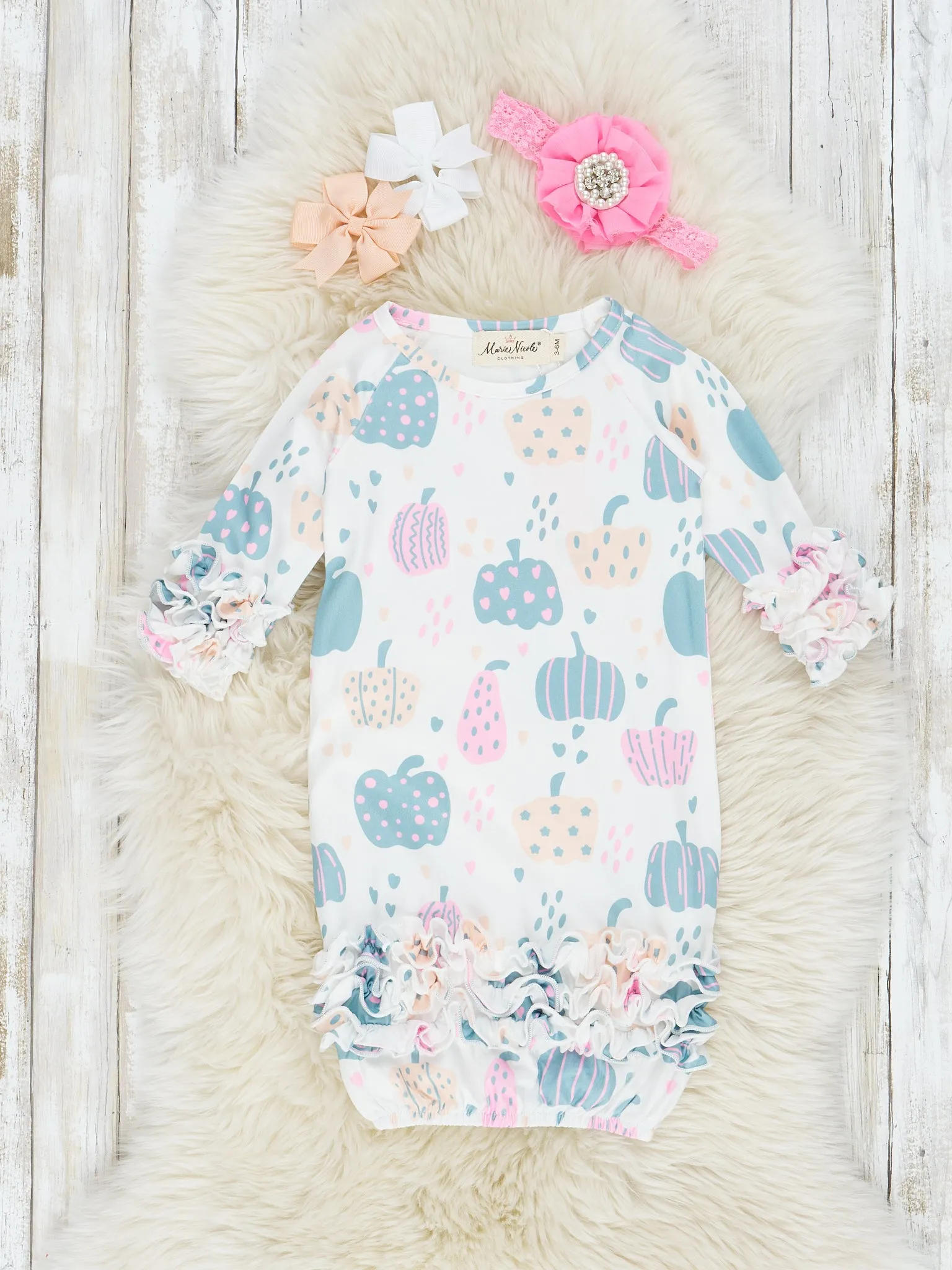 Dusty Blue & Pink Pattern Pumpkin Ruffle Sleep Gown