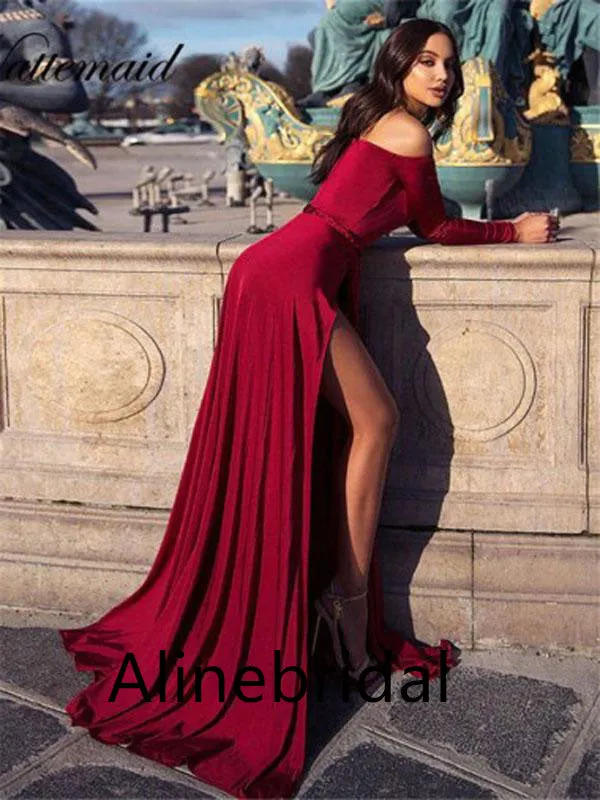 Elegant V-neck Long sleeves Side slit A-line  Long Prom Dress, PD3525