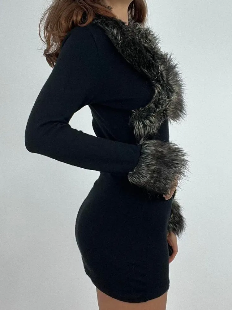 Fashion Fluffy Patchwork Fur Collar Black Winter Dress Ladies Bodycon Elegant Warm Y2K Vintage Clothes Dresses Party