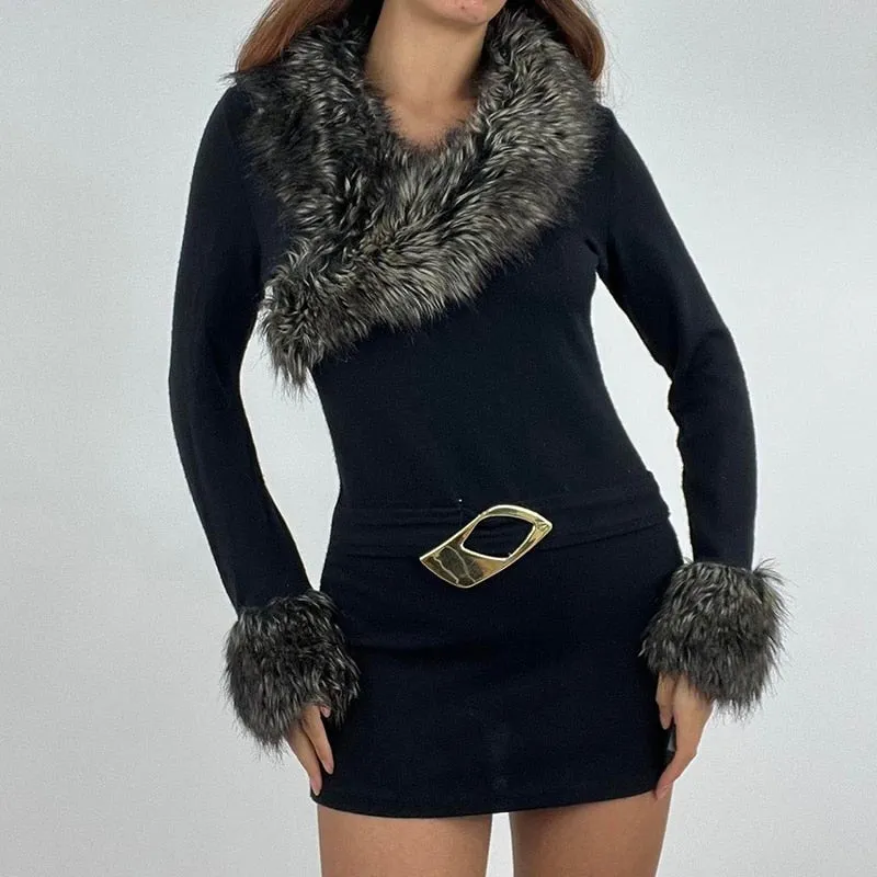 Fashion Fluffy Patchwork Fur Collar Black Winter Dress Ladies Bodycon Elegant Warm Y2K Vintage Clothes Dresses Party