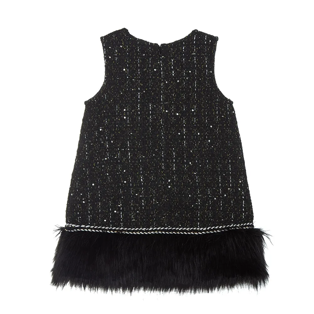 feather trim tweed dress | black