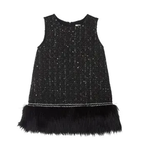 feather trim tweed dress | black