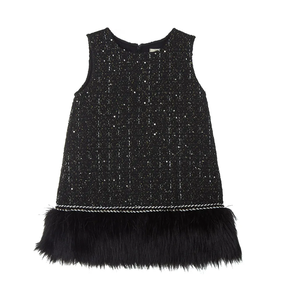 feather trim tweed dress | black