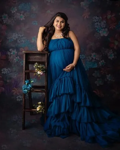 G1079, Navy Blue Slit Cut Frilled Maternity Shoot Trail Gown, Size (All)pp