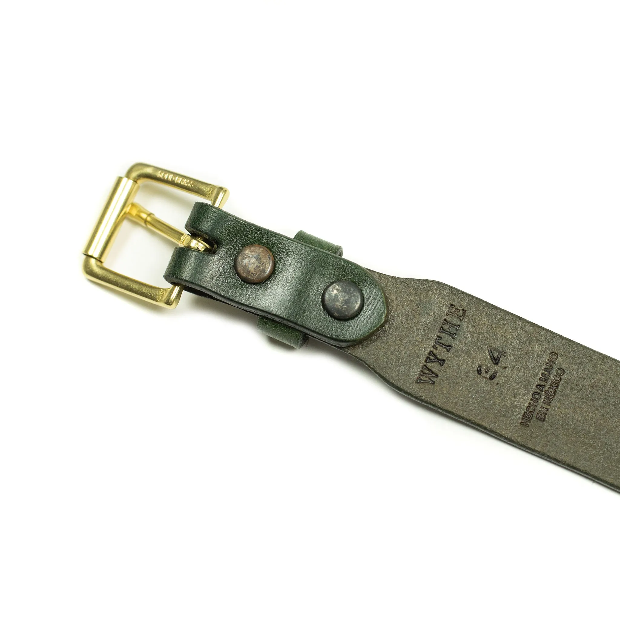 Hand tooled leather belt in emerald green