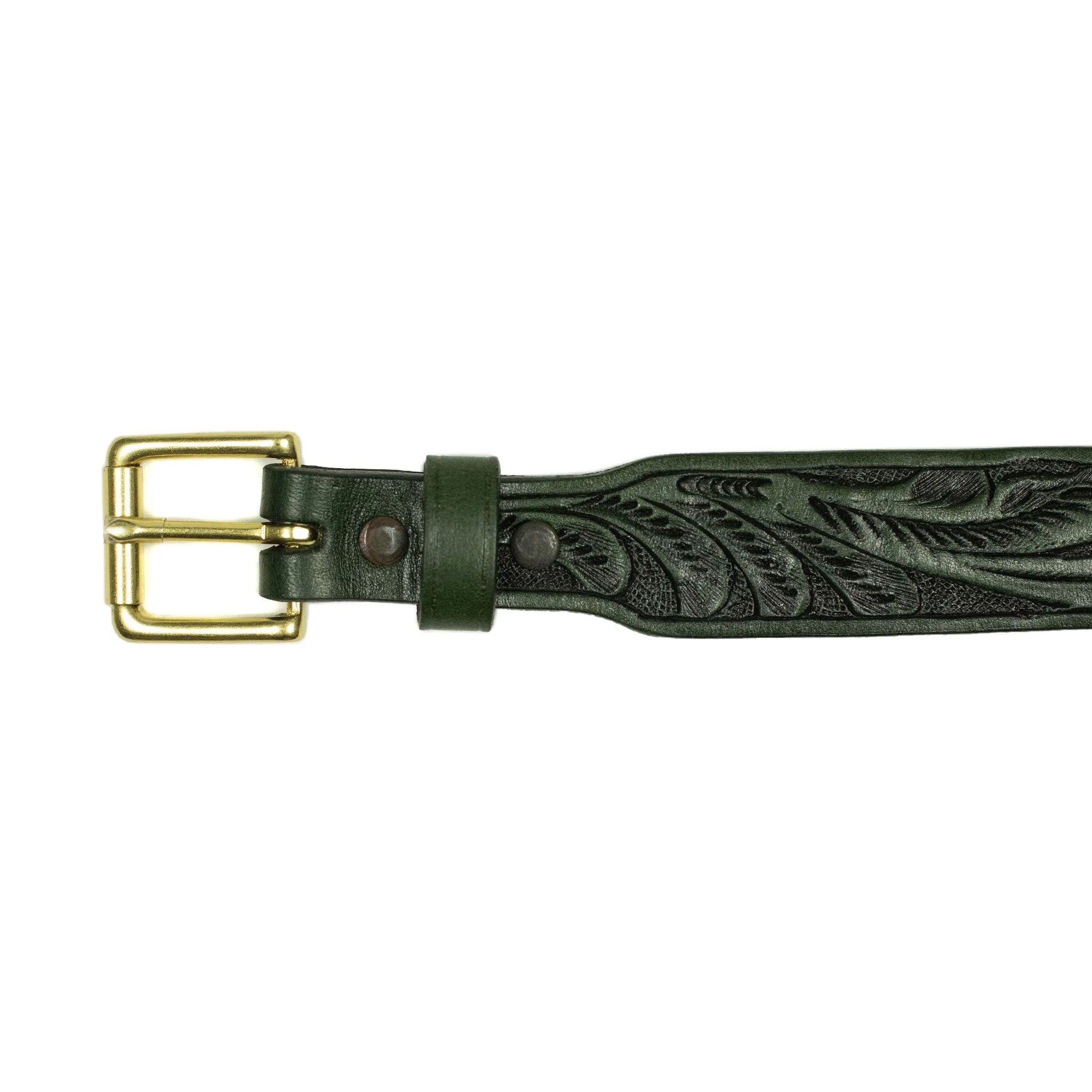 Hand tooled leather belt in emerald green