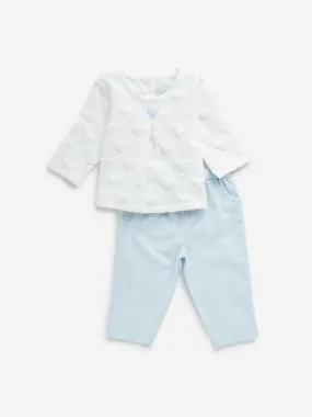 HOP Baby Blue & White Heart Embossed Top & Ribbed Pants Set